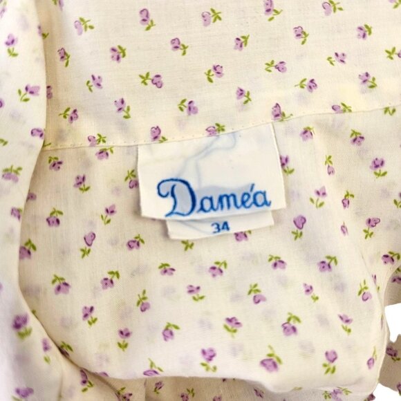 60s Damea Sleep Shirt White Purple Ditsy Floral Short Sleeve Button Up Womens 34 - Picture 2 of 10